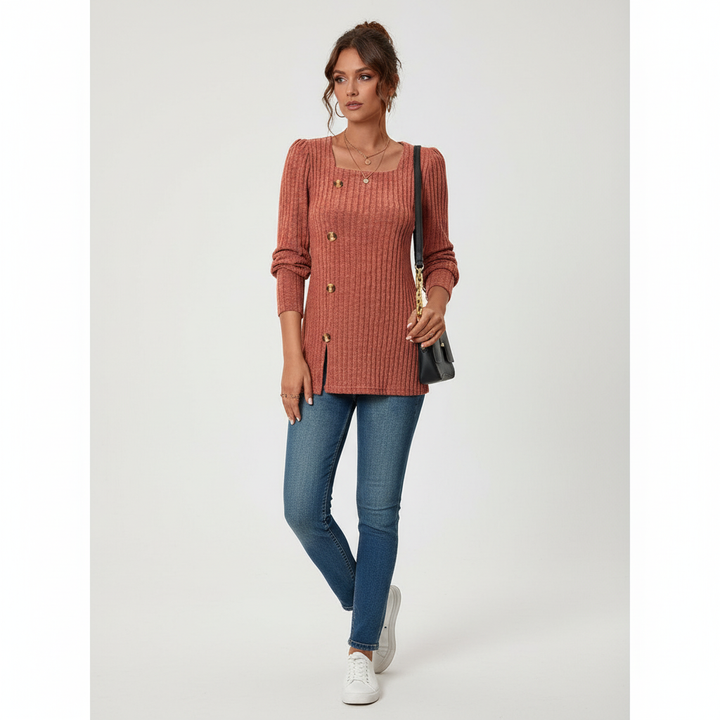 Women's Long Sleeve Tops with Square Neck | Ribbed