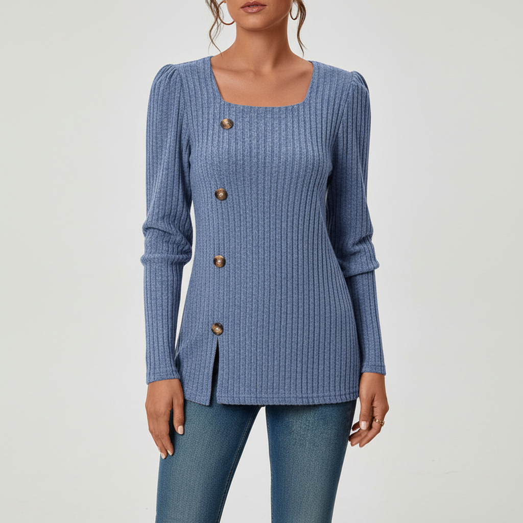 Women's Long Sleeve Tops with Square Neck | Ribbed