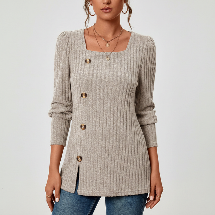 Women's Long Sleeve Tops with Square Neck | Ribbed