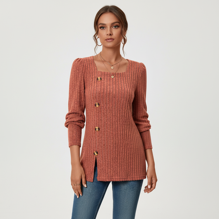 Women's Long Sleeve Tops with Square Neck | Ribbed
