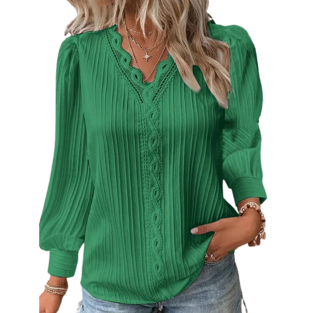 Women's Long Sleeve Tops with V-Neck | Crochet Trim
