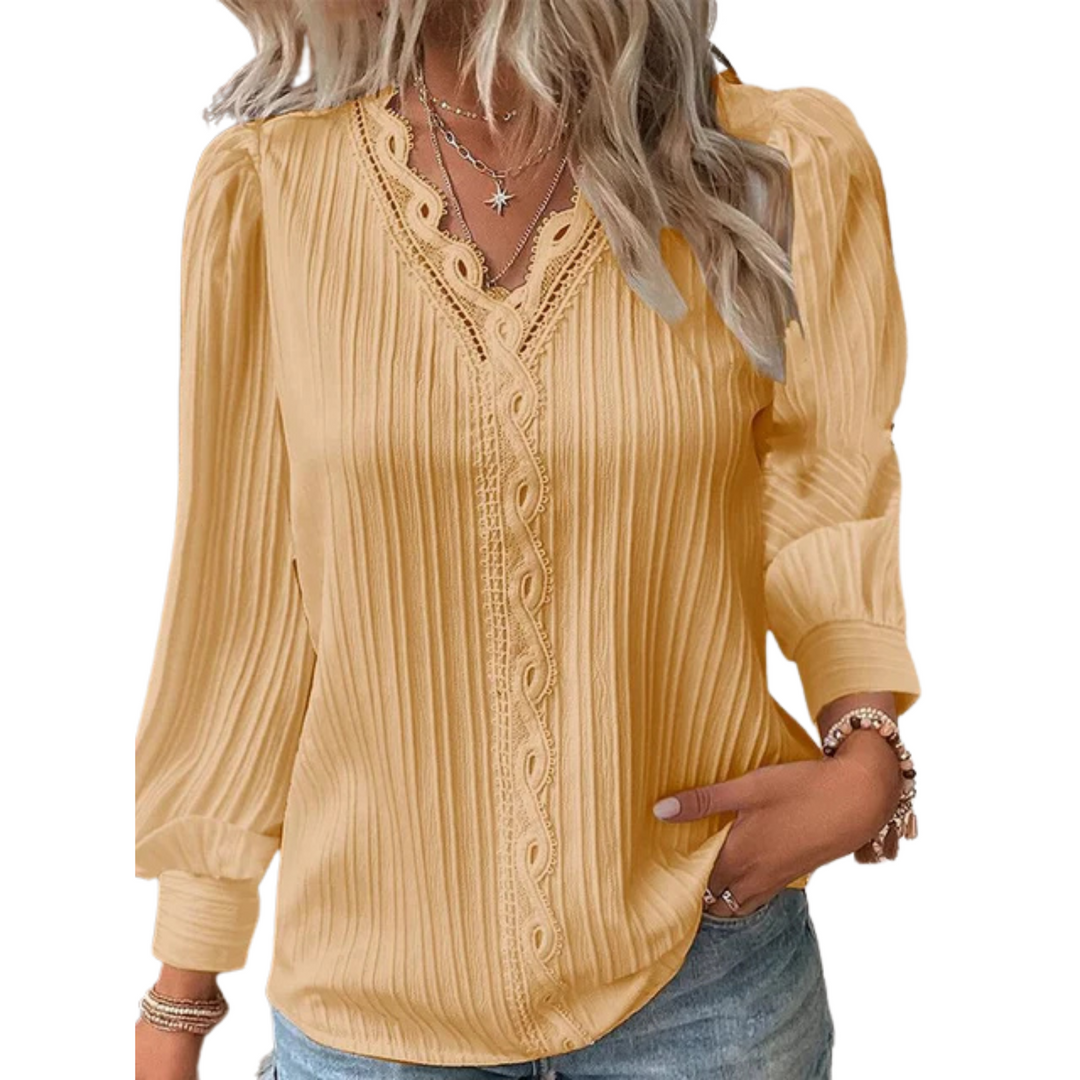 Women's Long Sleeve Tops with V-Neck | Crochet Trim
