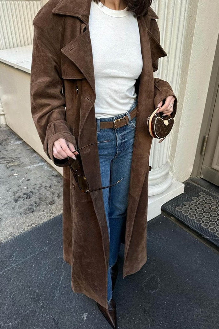 Women's Long Trench Coat with Double Breasted & Belted | Lapel