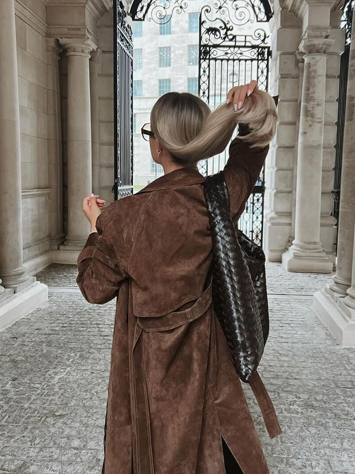 Women's Long Trench Coat with Double Breasted & Belted | Lapel