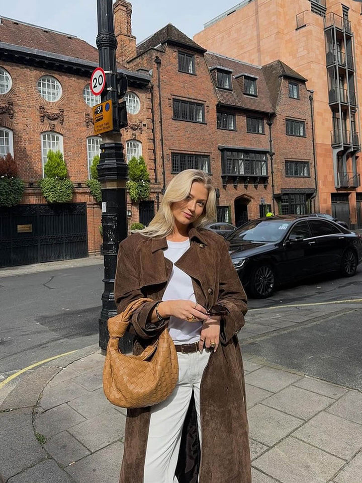 Women's Long Trench Coat with Double Breasted & Belted | Lapel