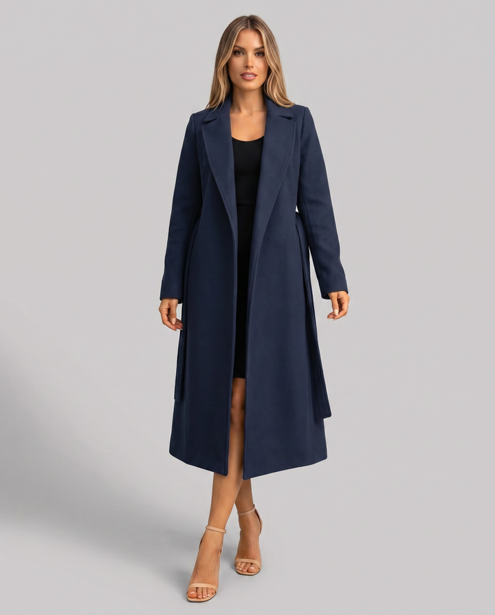 Women's Long Trench Coat with Notched Lapel |Tie Belt