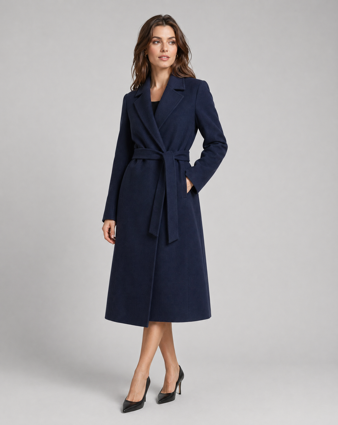 Women's Long Trench Coat with Notched Lapel |Tie Belt