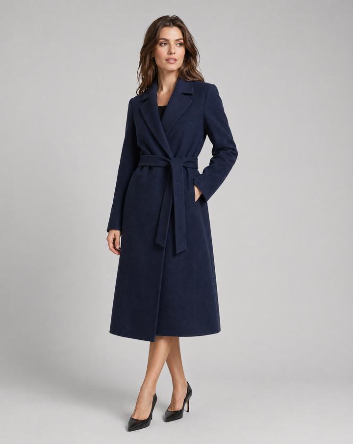 Women's Long Trench Coat with Notched Lapel |Tie Belt