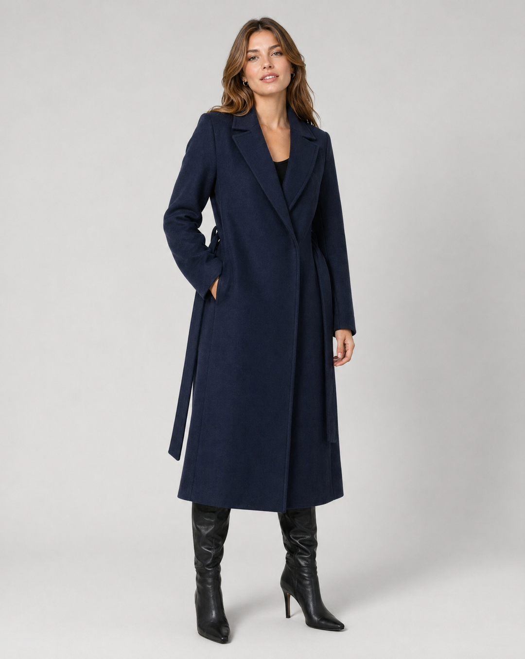 Women's Long Trench Coat with Notched Lapel |Tie Belt