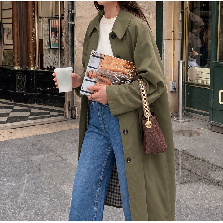 Women's Long Trench Coat with Plaid Lining & Button Up | Lapel