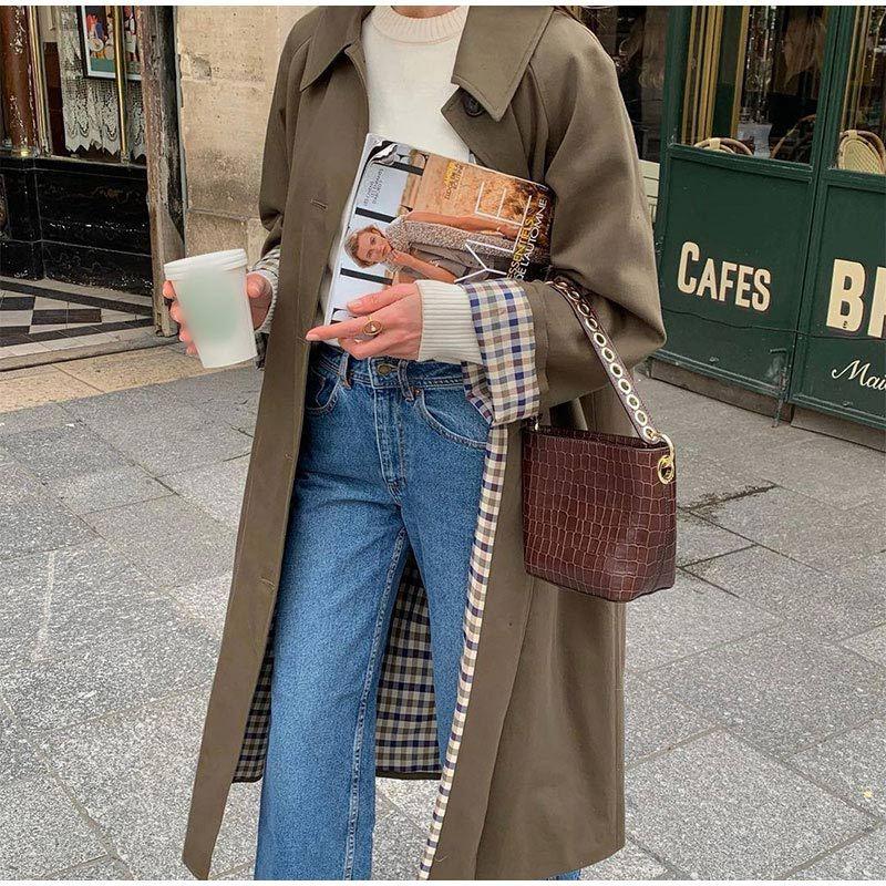 Women's Long Trench Coat with Plaid Lining & Button Up | Lapel