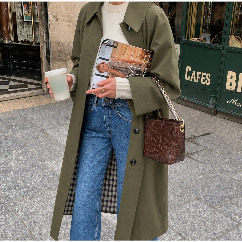 Women's Long Trench Coat with Plaid Lining & Button Up | Lapel