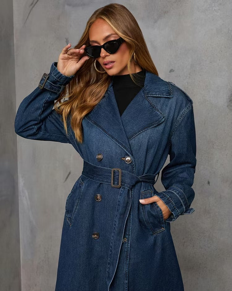 Women's Long Trench Coat with Tie Belt | Lapel