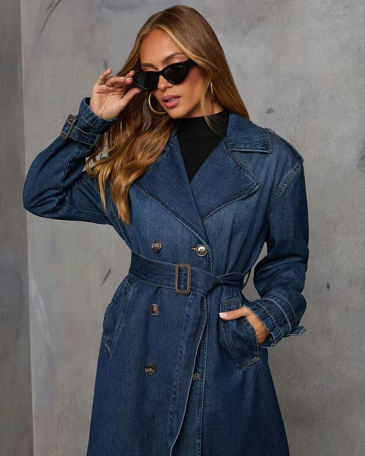Women's Long Trench Coat with Tie Belt | Lapel