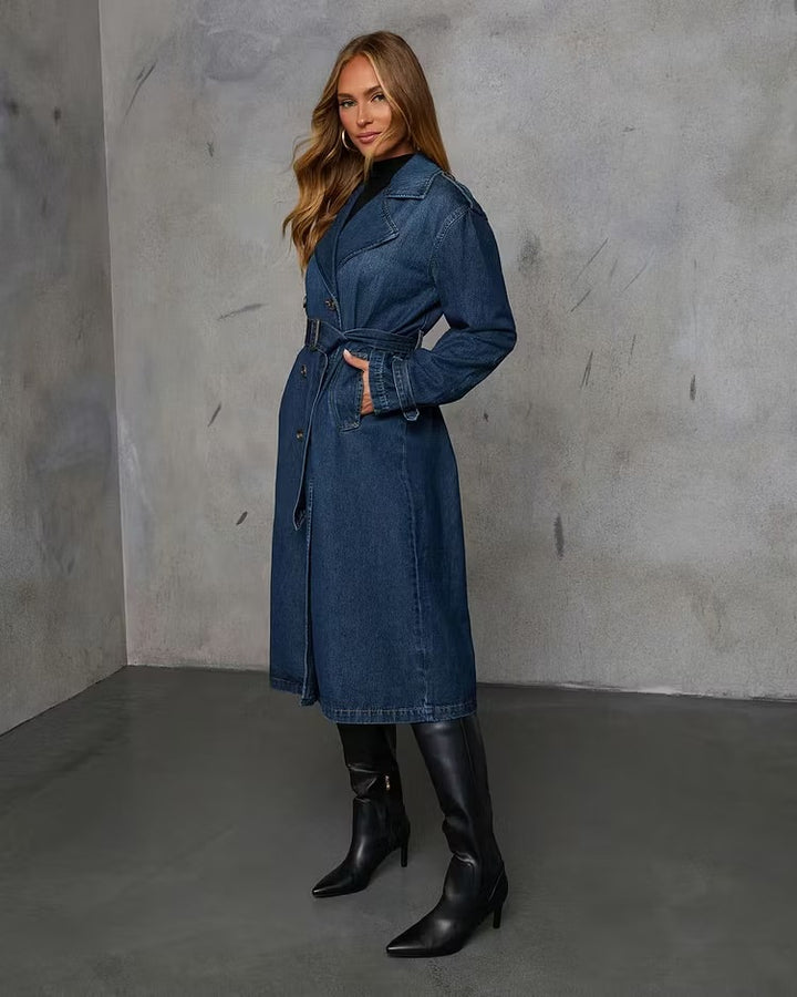 Women's Long Trench Coat with Tie Belt | Lapel