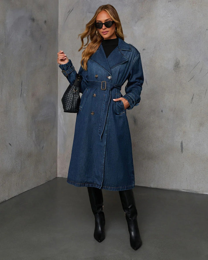 Women's Long Trench Coat with Tie Belt | Lapel