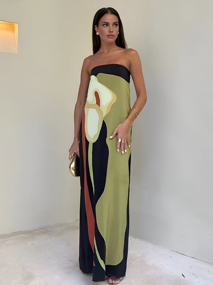 Women’s Maxi Dress with Abstract Floral Print & Strapless | Summer
