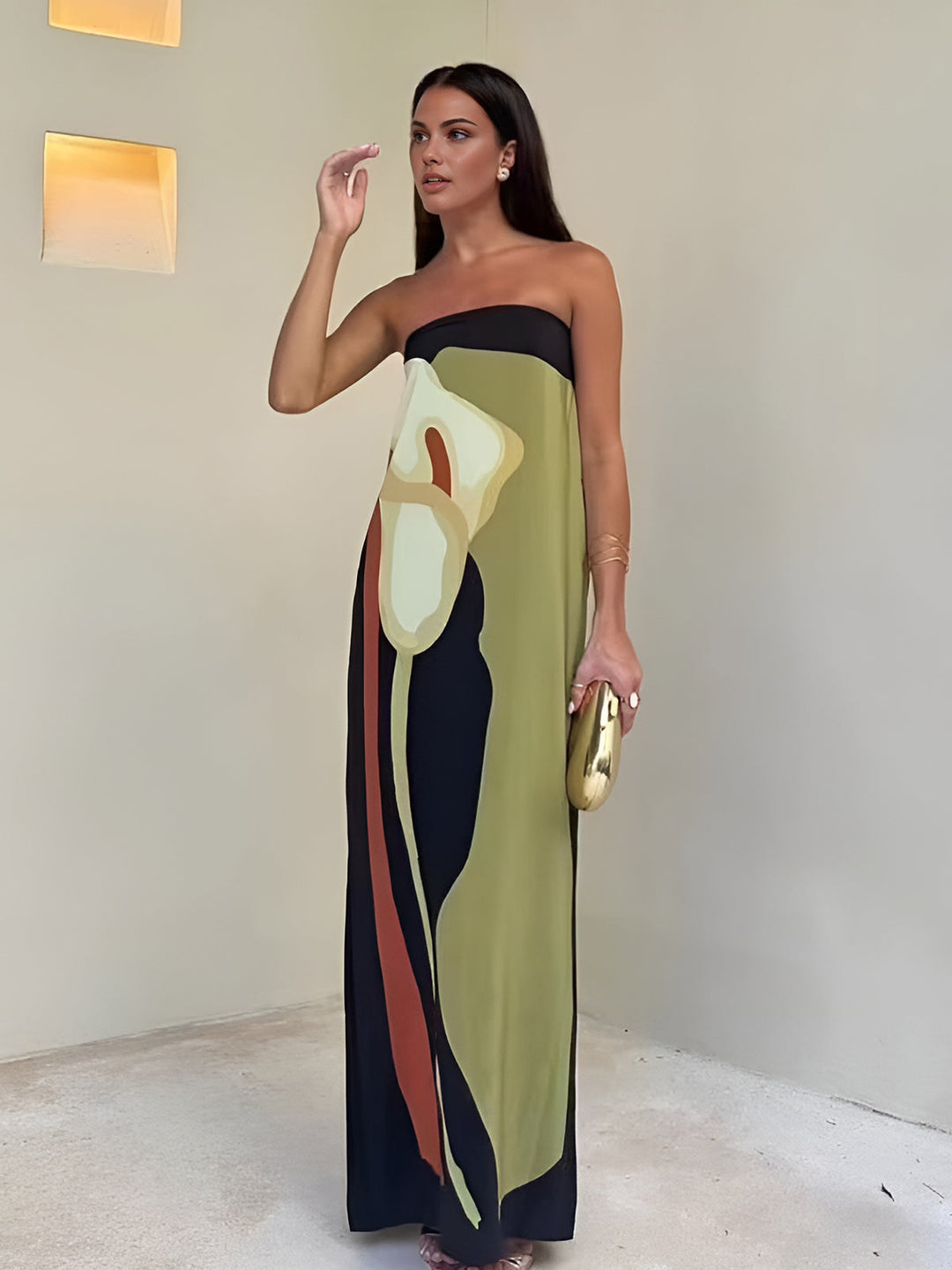 Women’s Maxi Dress with Abstract Floral Print & Strapless | Summer