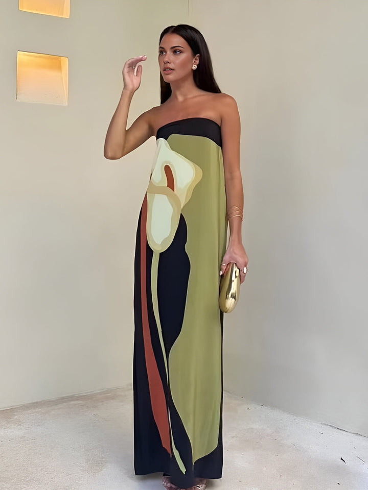 Women’s Maxi Dress with Abstract Floral Print & Strapless | Summer