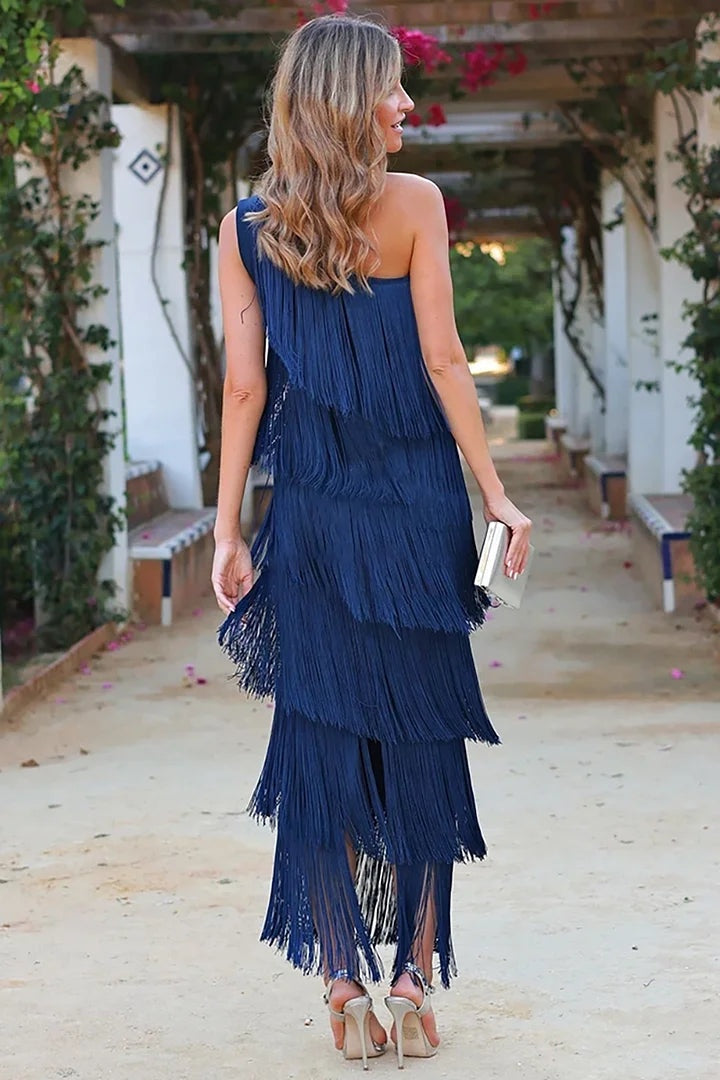 Women’s Maxi Dress with One Shoulder & Tassel Fringe | Cocktail