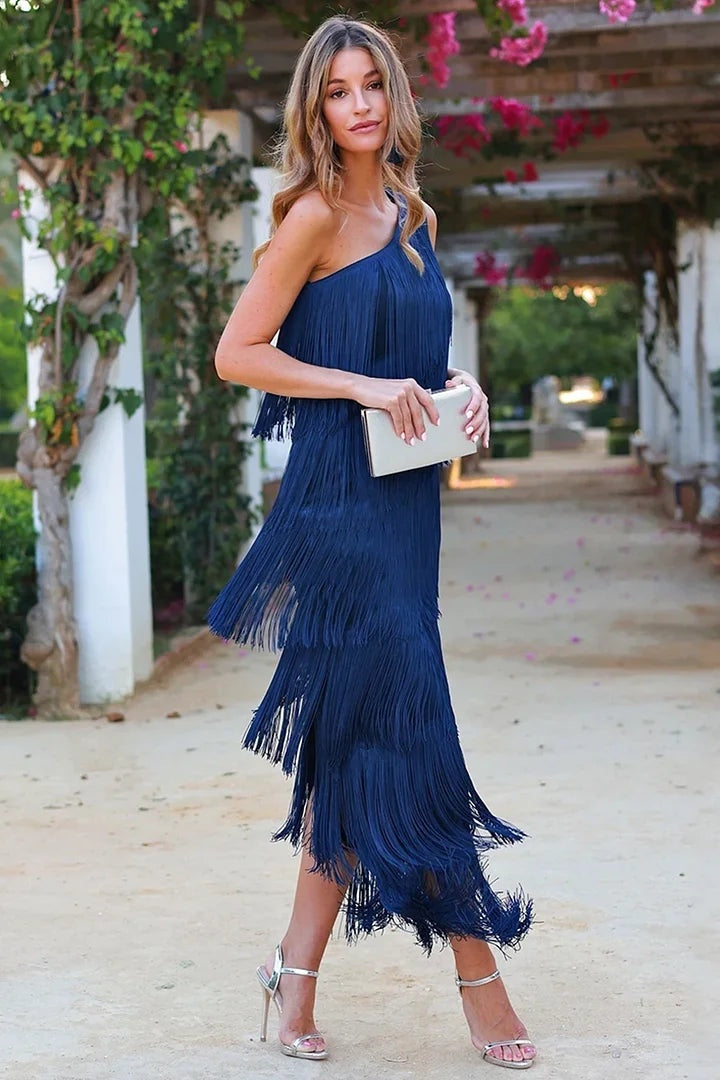 Women’s Maxi Dress with One Shoulder & Tassel Fringe | Cocktail