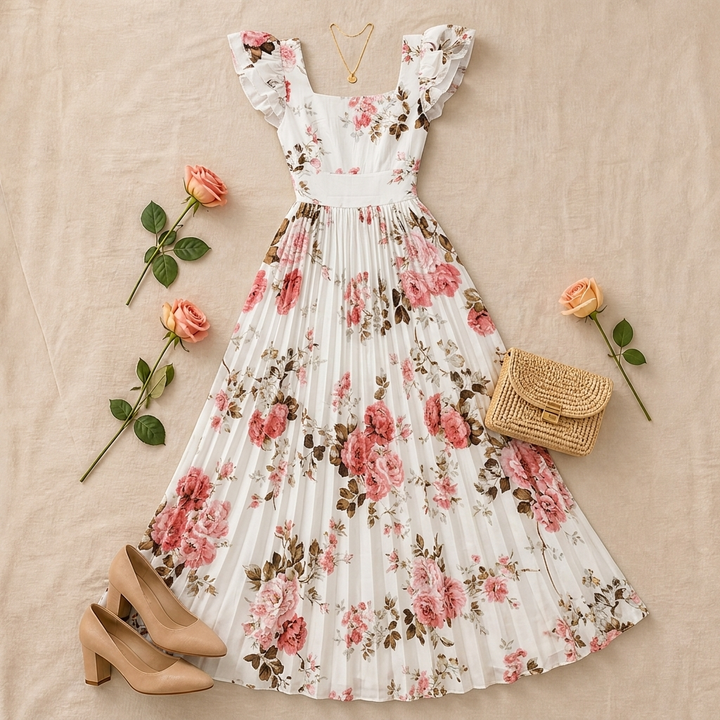 Women's Maxi Dress with Pleated Skirt | Floral