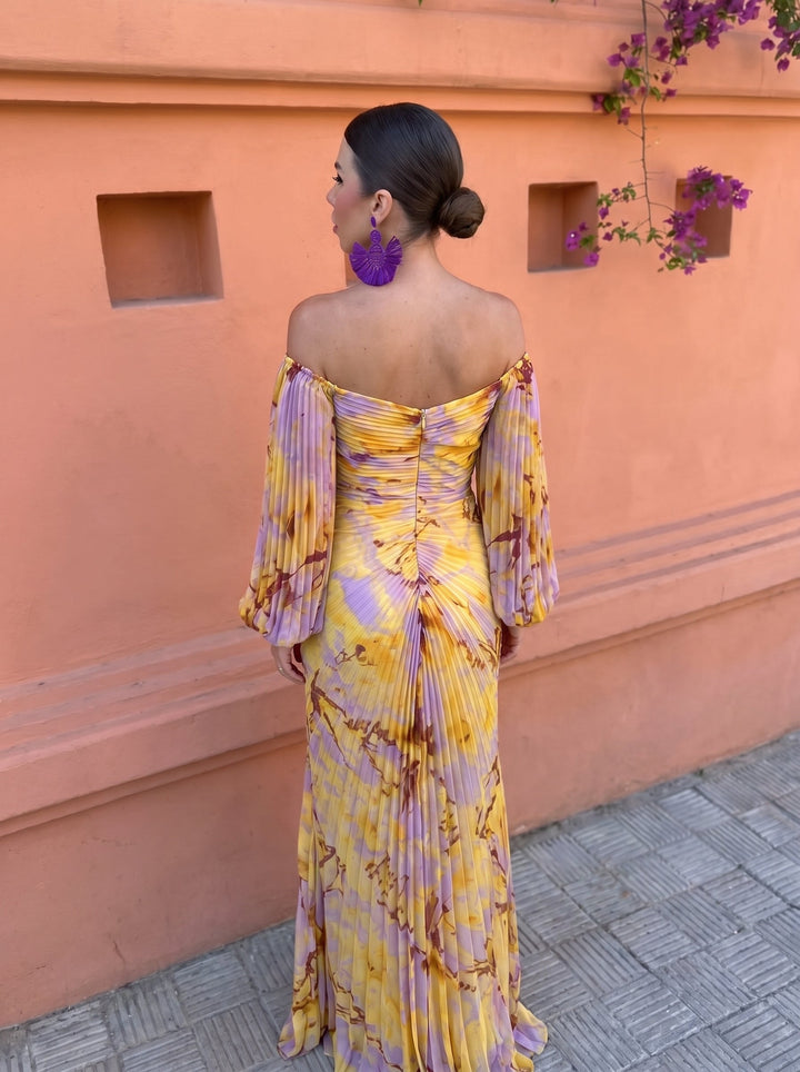 Women’s Maxi Dress with Puff Sleeves & Pleated Bodice | Wedding Guest