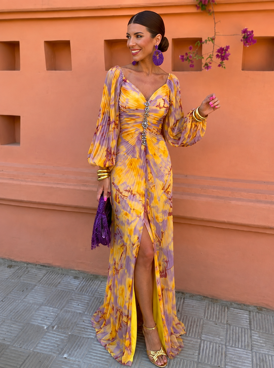 Women’s Maxi Dress with Puff Sleeves & Pleated Bodice | Wedding Guest