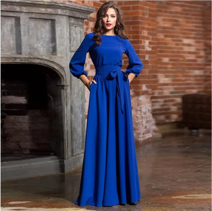 Women's Maxi Dress with Round Neck & Tie Waist | Evening