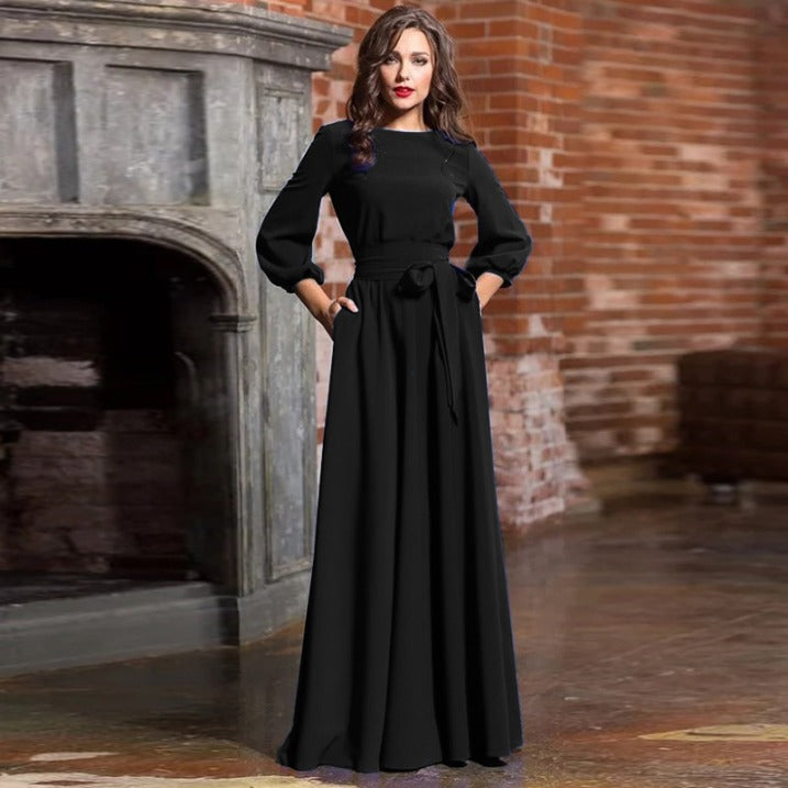Women's Maxi Dress with Round Neck & Tie Waist | Evening