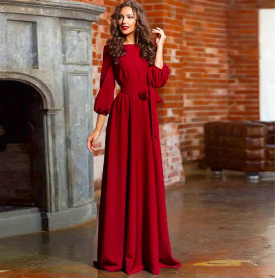 Women's Maxi Dress with Round Neck & Tie Waist | Evening