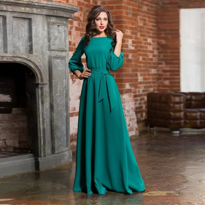 Women's Maxi Dress with Round Neck & Tie Waist | Evening