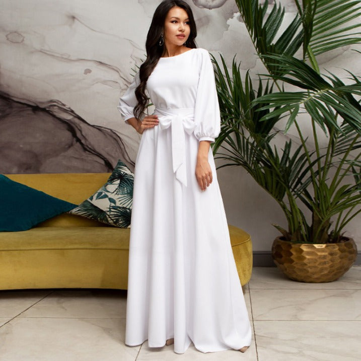 Women's Maxi Dress with Round Neck & Tie Waist | Evening