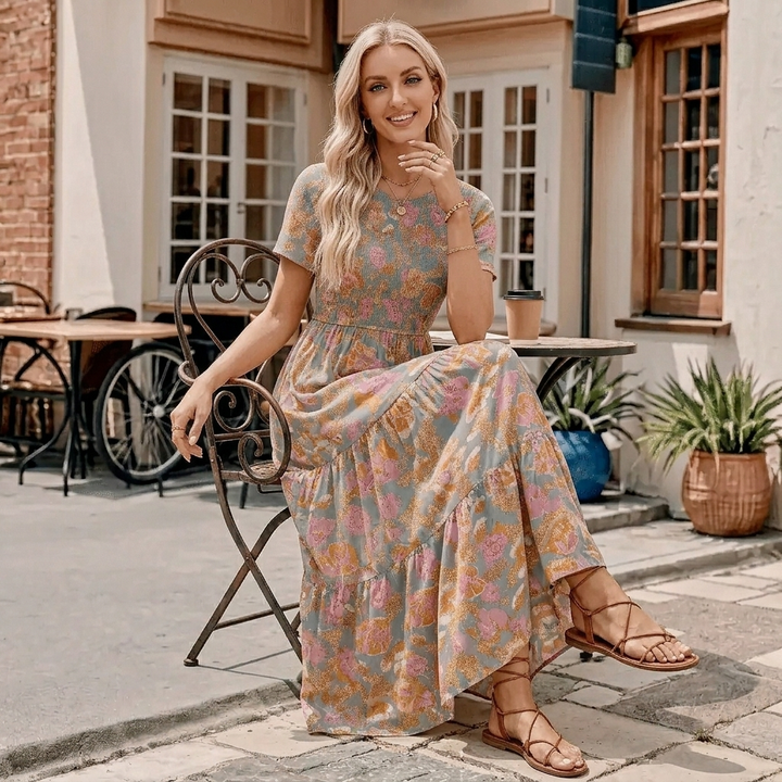 Women's Maxi Dress with Short Sleeves | Tiered