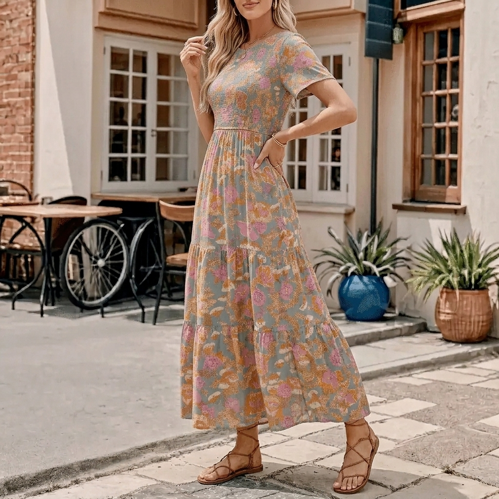 Women's Maxi Dress with Short Sleeves | Tiered