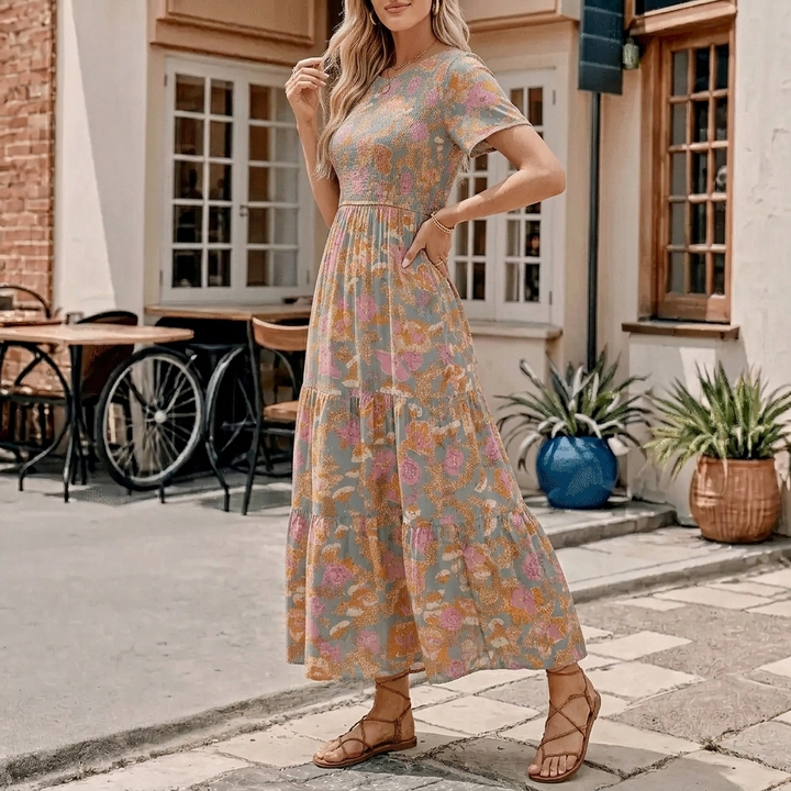 Women's Maxi Dress with Short Sleeves | Tiered