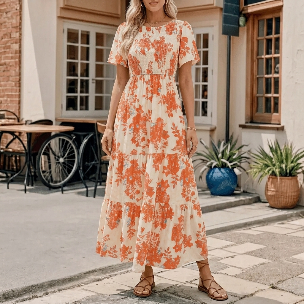 Women's Maxi Dress with Short Sleeves | Tiered