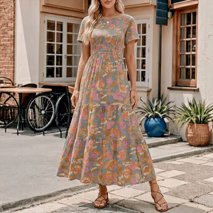 Women's Maxi Dress with Short Sleeves | Tiered