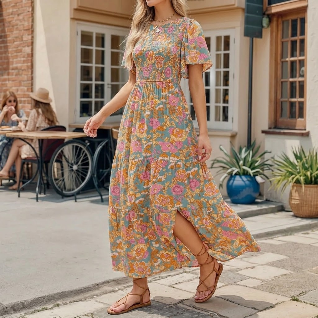 Women's Maxi Dress with Side Slit | Smocked