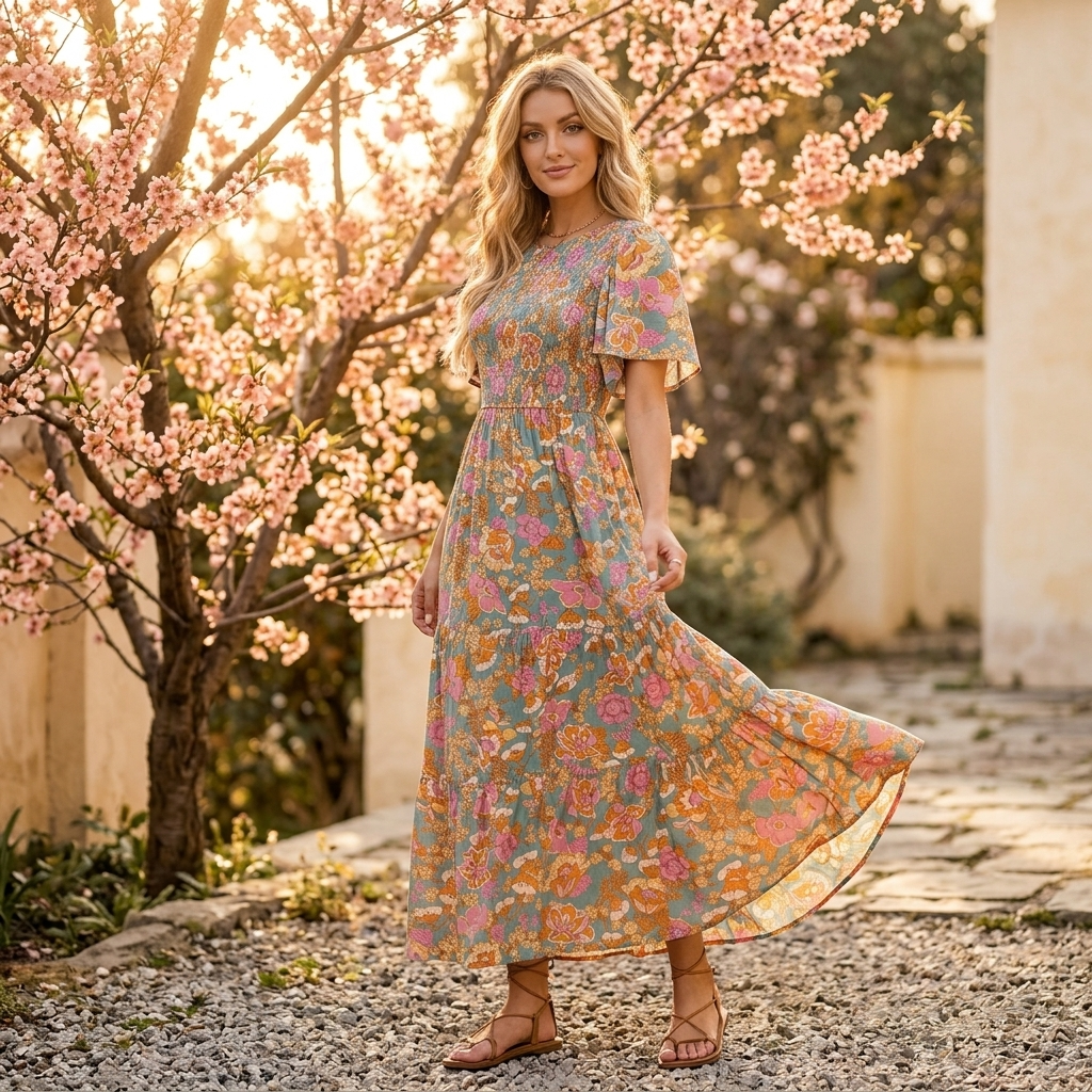 Women's Maxi Dress with Side Slit | Smocked