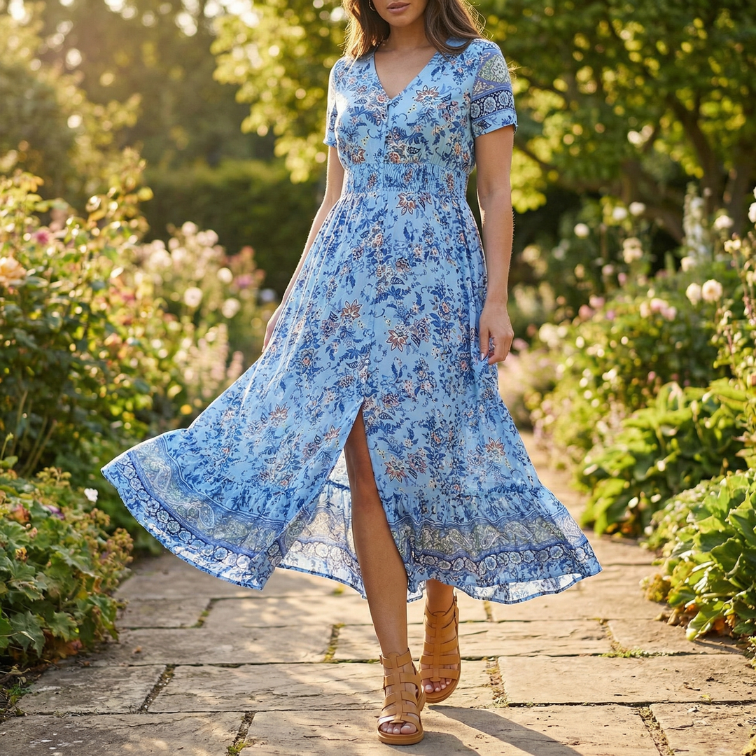 Women's Maxi Dress with V-Neck & Floral Print | Boho