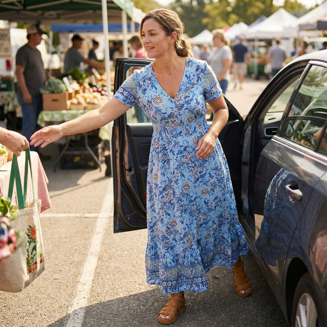 Women's Maxi Dress with V-Neck & Floral Print | Boho