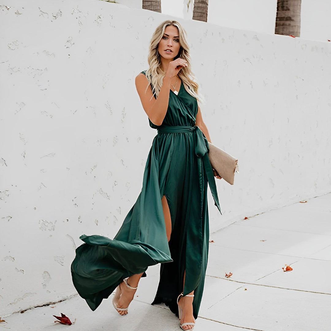Women's Maxi Dress with V Neck & Tie Waist | Wedding Guest
