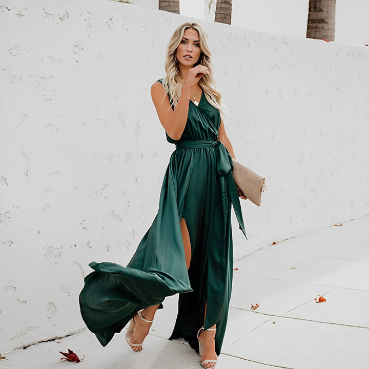 Women's Maxi Dress with V Neck & Tie Waist | Wedding Guest