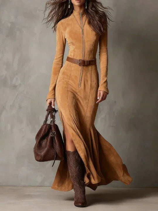 Women's Maxi Dress with Zip Up & Belted Waist | Long Sleeve