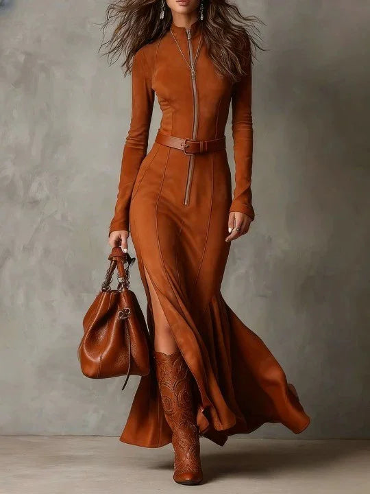 Women's Maxi Dress with Zip Up & Belted Waist | Long Sleeve