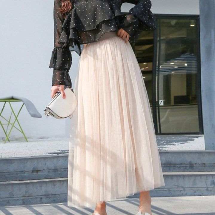 Women's Maxi Skirt with Pleats & Tulle Overlay | A-Line