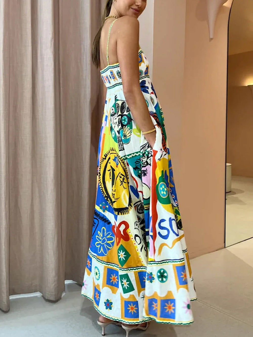 Women's Maxi Sundress with Abstract Print | Thin Straps
