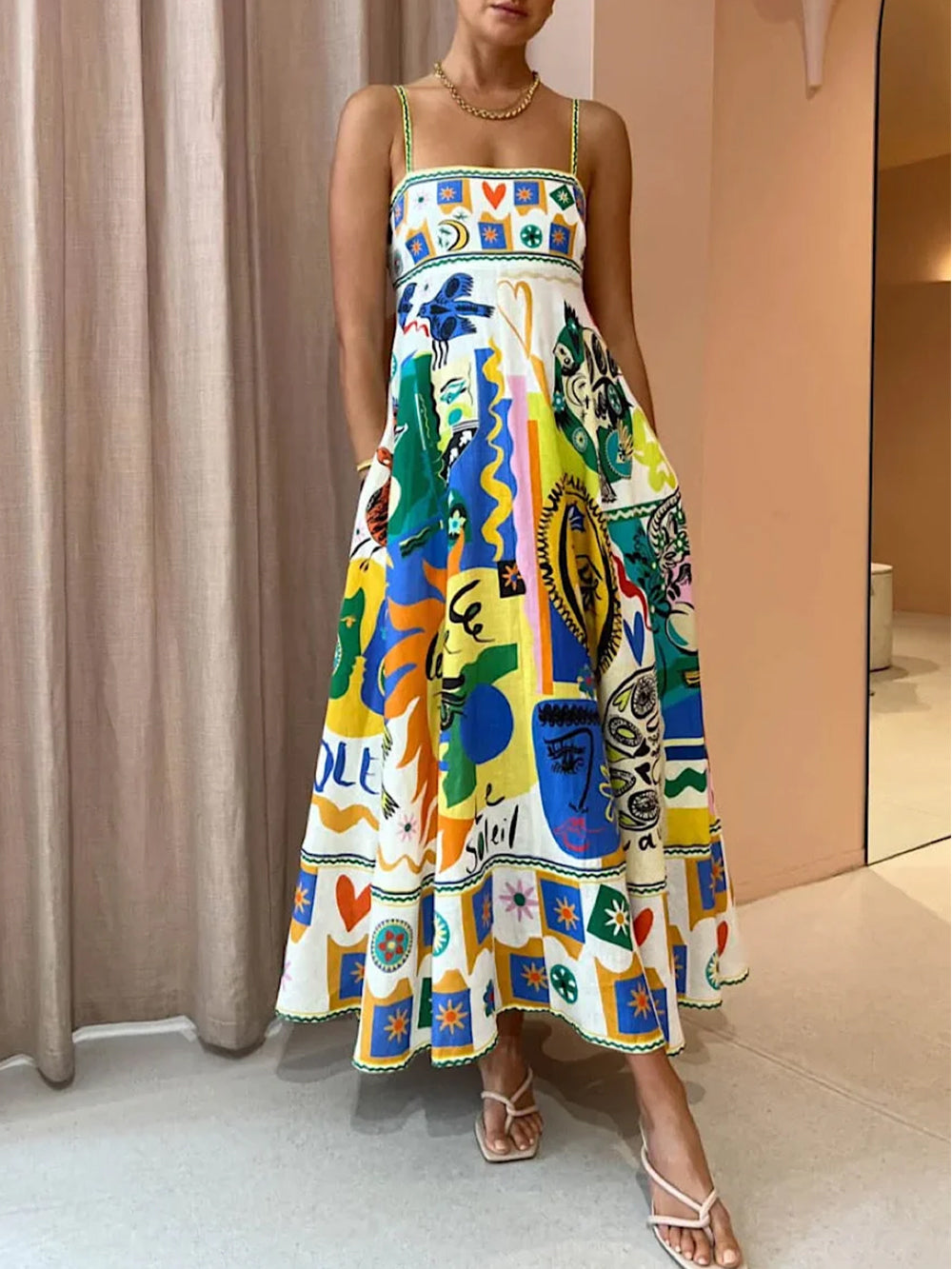 Women's Maxi Sundress with Abstract Print | Thin Straps