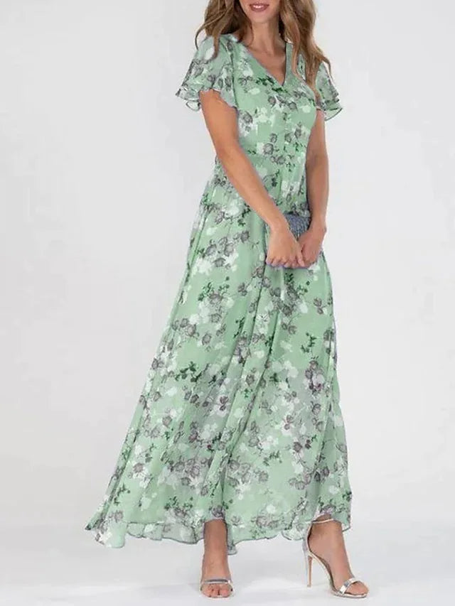 Women's Maxi Sundress with Floral Print & Ruffle Sleeves | V-Neck